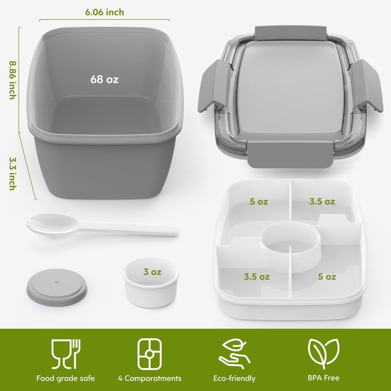 Cherrysea 2Pack Salad Lunch Container, 68oz Salad Bowls with 4 Compartments Tray,Leak Proof Lunch Box with Fork for Men,Women BPA-Free Snack Container with Sauce Container for Dressings-Grey