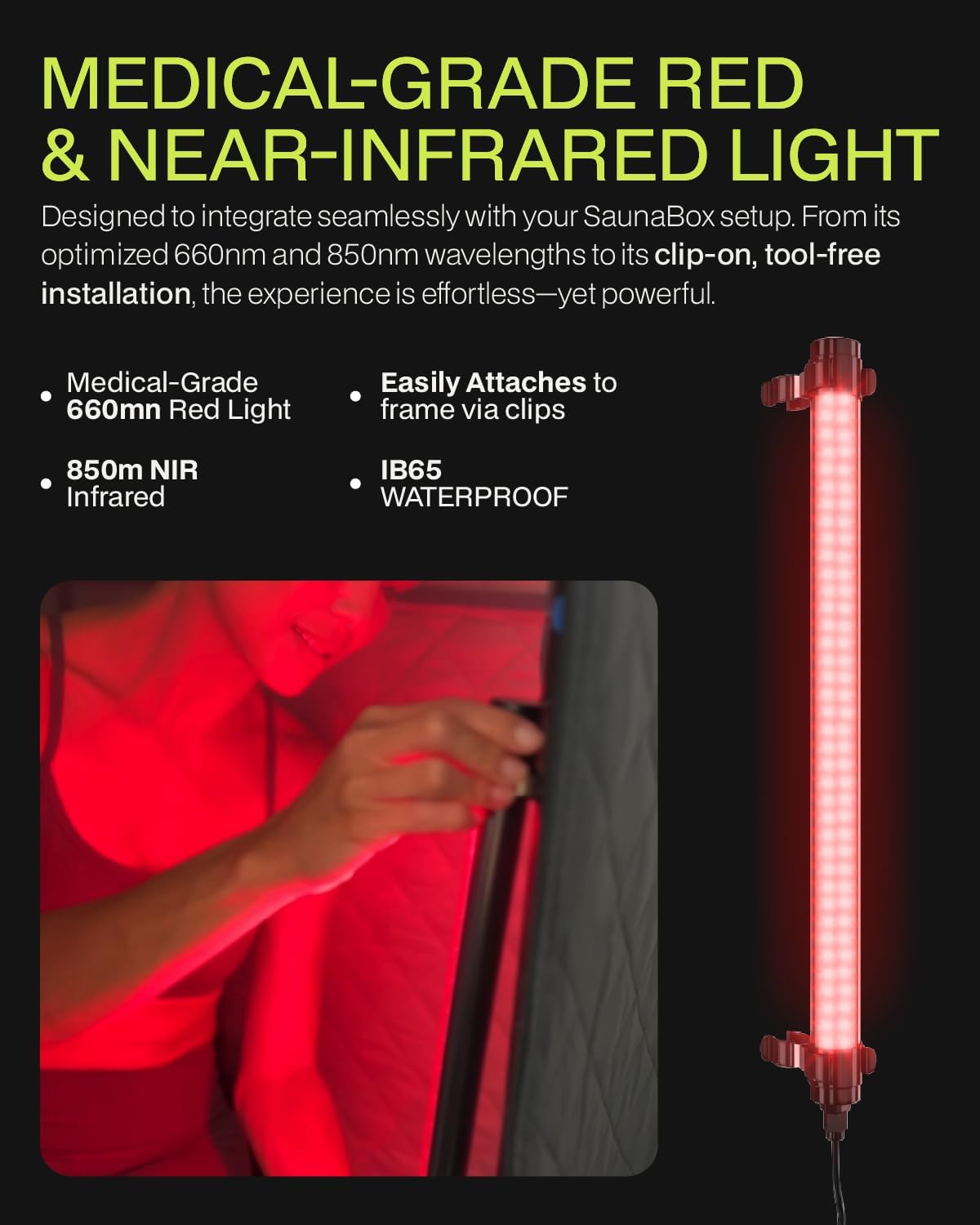 SAUNABOX® Red Light Therapy Wand for Sauna | 660nm & 850nm Infrared Sauna Light | Home Sauna Accessory | Waterproof Sauna Light Add-On for Portable Sauna Frames