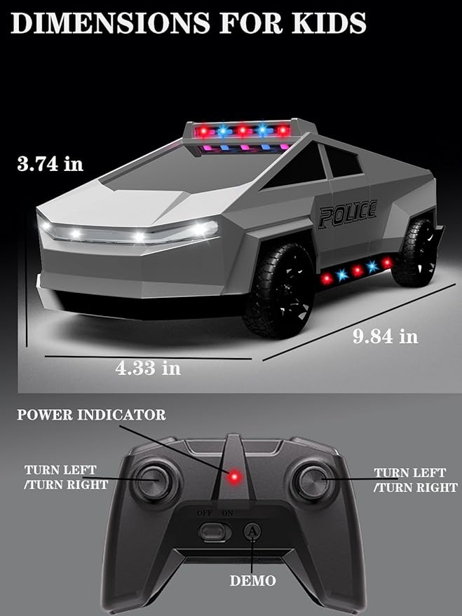 RC Remote Control Car Cybertruck Toy Police Car Toy 2.4GHz LED Lights 2 Rechargeable Batteries Ideal Gift for Boys Girls Ages 3+ Years