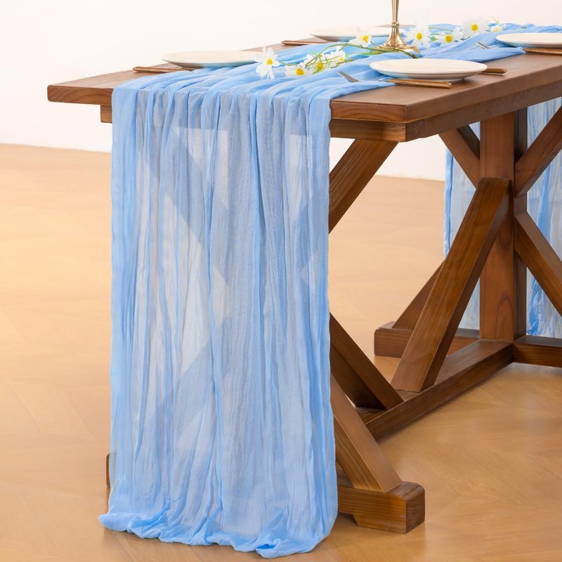 Socomi 3pcs Light Blue Cheesecloth Table Runner Summer Boho Rustic Gauze 120 inch 10FT Cheese Cloth Sheer Runner for Wedding Party Baby Shower Birthday Home Decor Holiday Decorations
