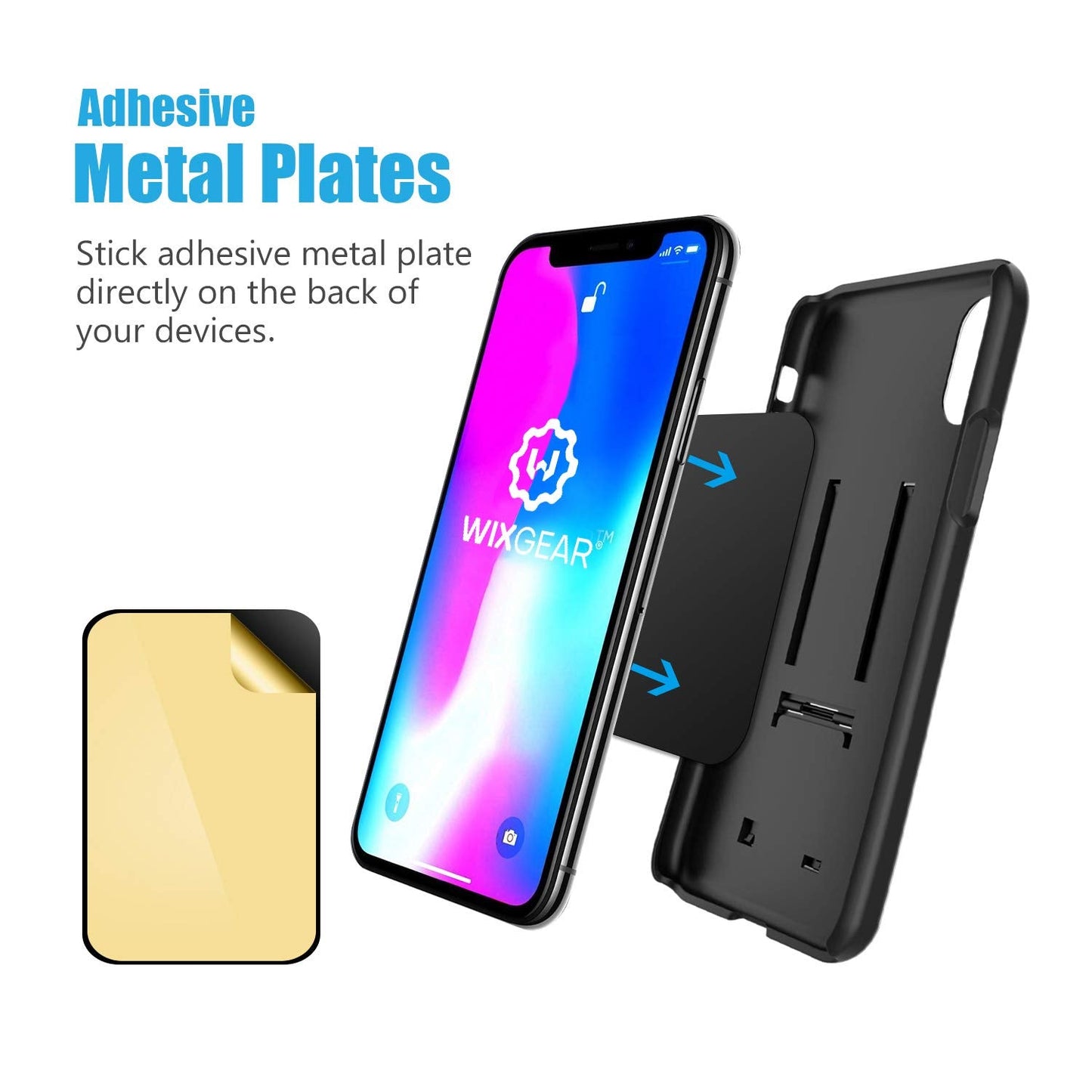 Mount Metal Plate with Adhesive for Magnetic Cradle-Less Mount by WixGear - X4 Pack 2 Rectangle and 2 Round (Compatible with Magnetic mounts) (Black)