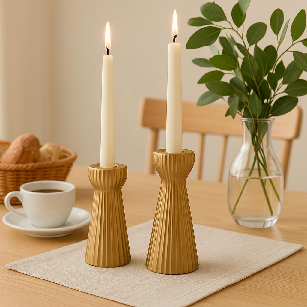 SCBLOOM Taper Candle Holders for Candlesticks Ceramic Candle Stick Candle Holder- Set of 2 Decorative Candle Stand for Wedding Decor,Dinner Party and Table,Housewarming Gifts for mom Women Golden