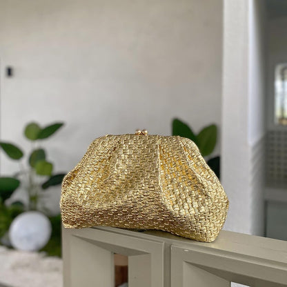 CUXVA Woven Pattern Clutch Purse Ruched Dumpling Evening Bag Chain Strap Handbags Elegant PU Leather Clutch Bag