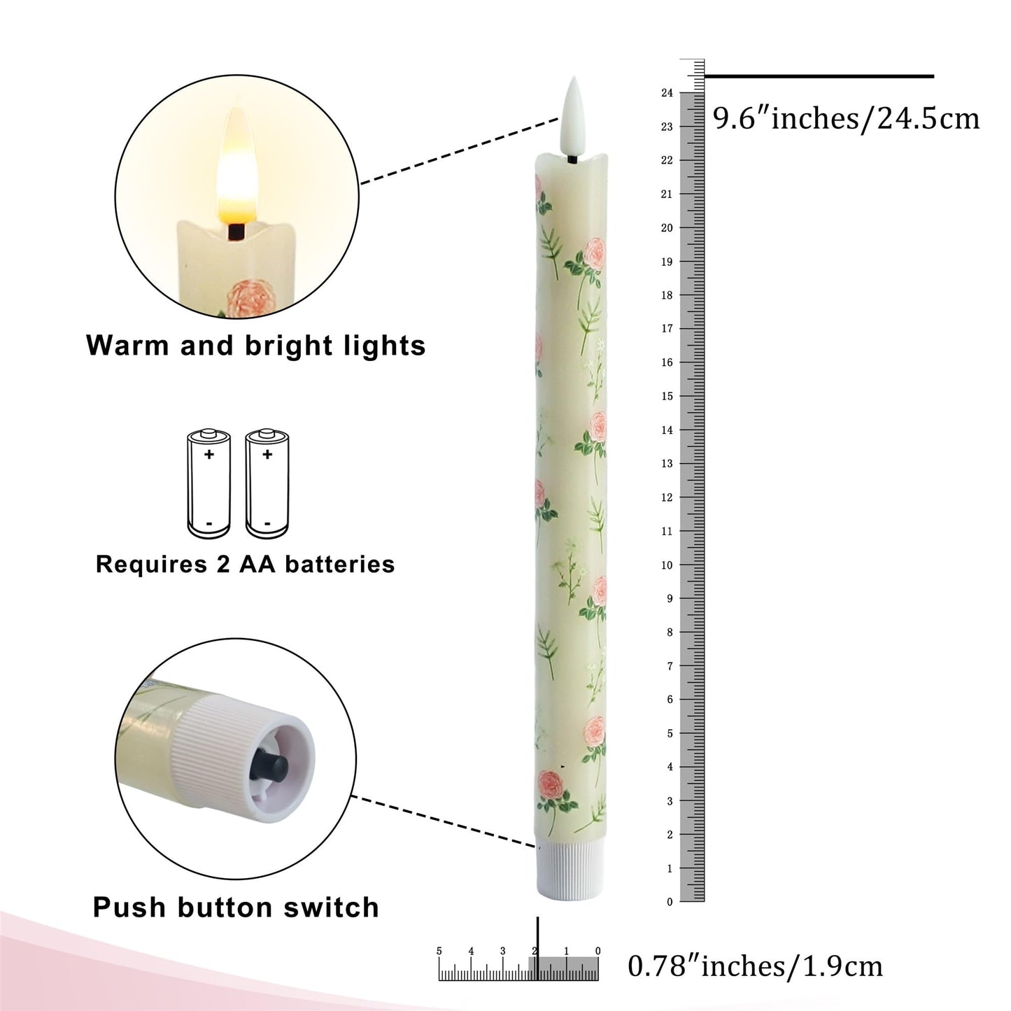 Gedengni Floral Candles Remote Candlesticks-10inches Timer Flickering Battery Operated Candle Chinoiserie LED Taper Candles Lights for Home Wedding Tea Party Windows Decor,3PCS-RFL