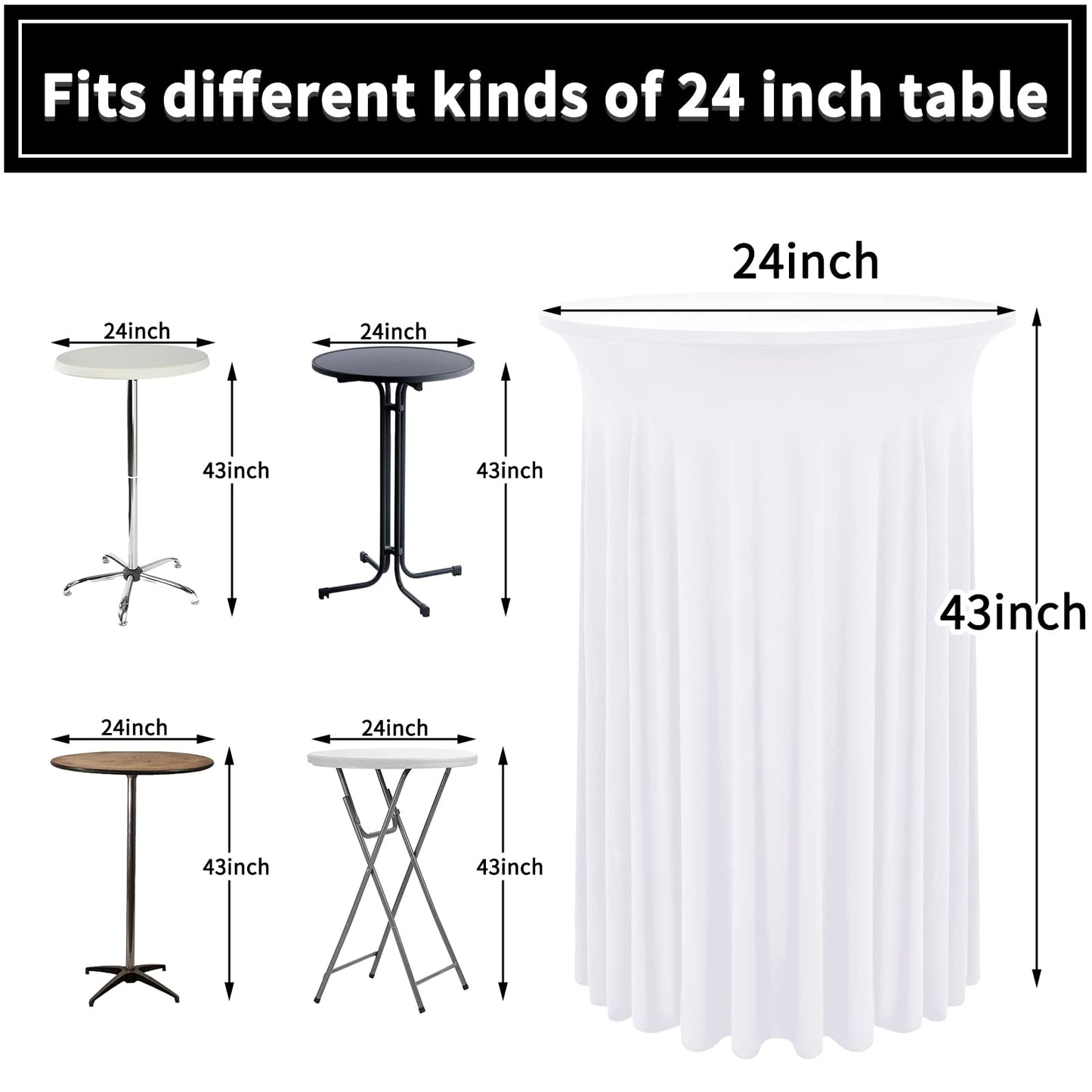 REWOMC 6 Packs Round Cocktail Table Skirt 24"x 43" Spandex Stretch Cocktail Tablecloth with Wavy Drapes, White Spandex Fitted High Top Table Covers for Wedding Bar Party Birthday Banquet Tables