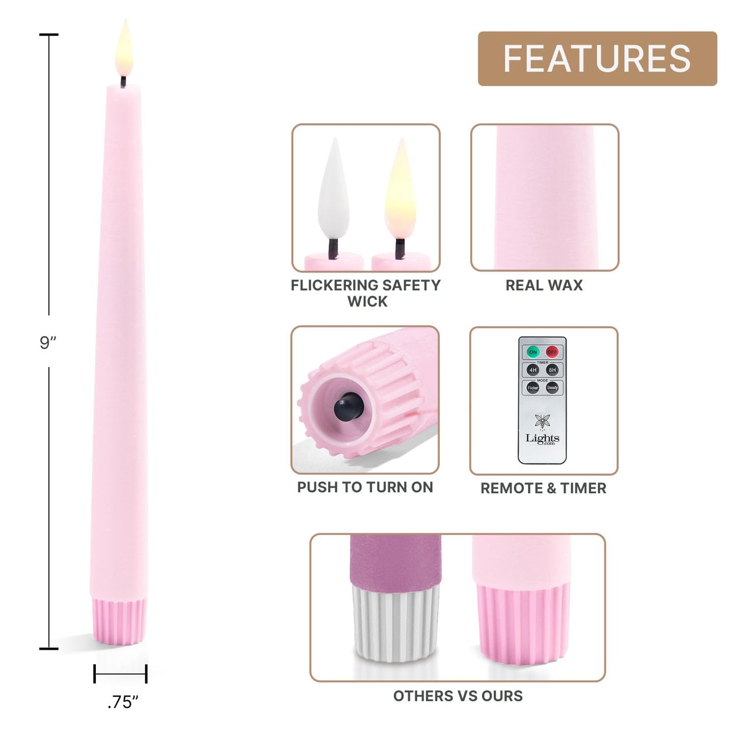 LampLust Flameless Taper Candles with Remote, 9 Inch, 4 Pack Pastel Pink Candlesticks, LED Flickering Flameless Candles for Baby Shower Gender Reveal, Summer Table Decor & Party Decorations