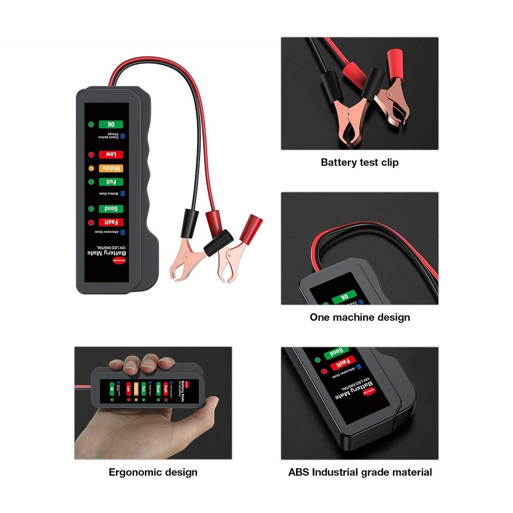 KINGBOLEN 12V car Battery Tester, Alternator Tester Automotive,Battery Checker, Analyzer to Check alternator & Battery Charging System,LED Indication