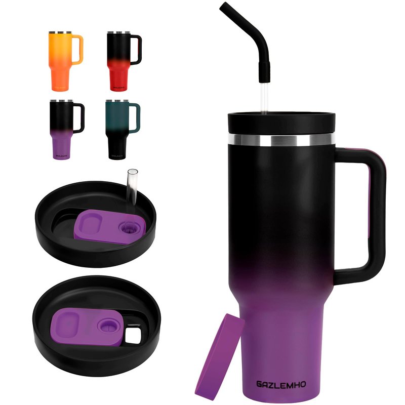 40oz Tumbler with Handle and Straw Spout 2-in-1 Lid, Spill Leak Proof Insulated Travel Cup Traveler Water Mug Keep Cold Hot, Dishwasher Safe Stainless Steel Bottle Gifts for Women Men, Black Purple
