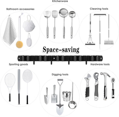 AceMining 5 Racks and 4 Hooks Mop and Broom Holder Wall Mount, Broom Organizer Storage Tool Racks Stainless Steel Heavy Duty Hooks Self Adhesive Solid Non-slip for Home Kitchen Garden Laundry Garage