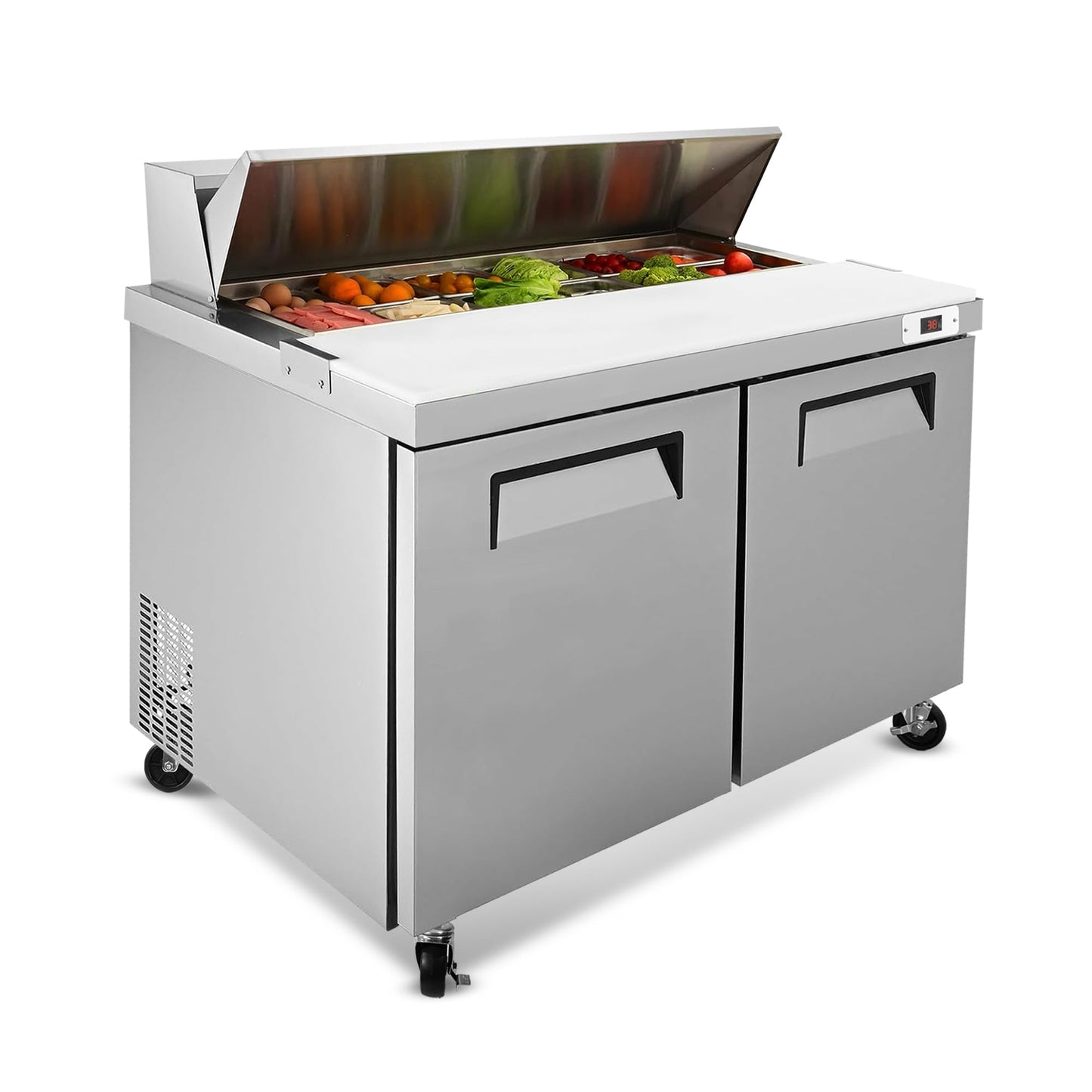 48"W Commercial Sandwich Prep Table Refrigerator - Stainless Steel Door with 12 Pans, 14 Cu.Ft Capacity, Auto Defrost, Digital Temperature Control for Restaurants, Delis, Catering & Convenience Stores