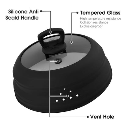Microwave Splatter Cover Collapsible Silicone & Tempered Glass 11.8 Inch Microwave Cover for Food Splatter Guard with Steam Vents Dishwasher Safe Fits Bowls, Plates & Pots (Gray)