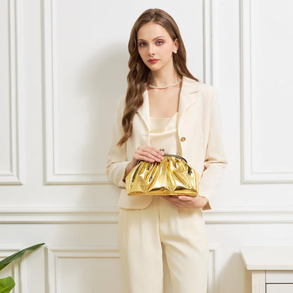 BRYCTSISEN Pleated Evening Vegan Leather Clutch Handbag Purse Metallic PU Cloud Shoulder Bag for Women Evening Purse Handbag (gold-L)