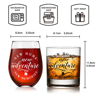 Vagafilla New Home New Adventure New Memories Stemless Wine & Whiskey Glass Gift Set 15oz, Funny Housewarming Gift for New Homeowner Hostess Realtor Clients Friends Bride Parent Groom Wine Lover-2