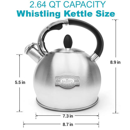 BAERFO Tea Kettle, 2.64 Qt Tea Pot Stovetop, Premium 304 Food-Grade Tea Kettle Stovetop, Resounding Sound, Vintage Aesthetics, with Pot Holder (Brushed)