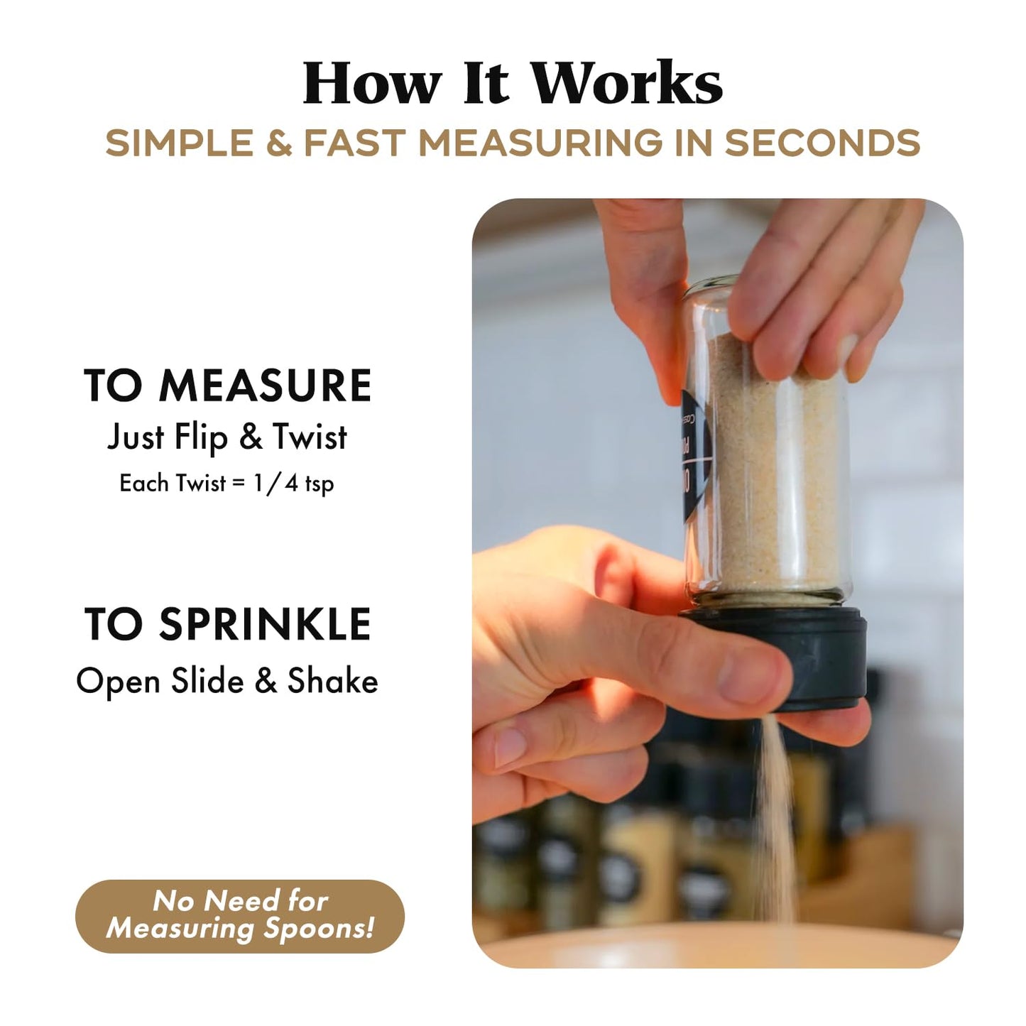 CassCaps Spice Jars & Measuring Caps Set – Measure Straight from The Bottle! Faster Meal Prep, No Mess, No Clean Up. 6 Pack
