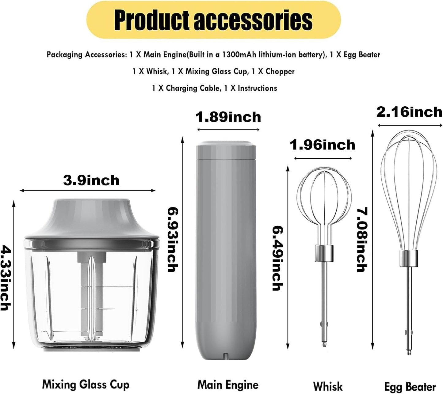 4-in-1 Electric Hand Mixer, Electric Whisk, Mini Onion Chopper 10Oz, Small Cordless Hand Blender, Milk Frother Wand for Coffee, Matcha, 4 Speed Rechargeable Food Processor for Baby Food Maker