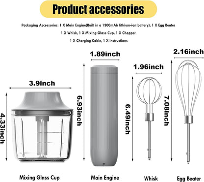 4-in-1 Electric Hand Mixer, Electric Whisk, Mini Onion Chopper 10Oz, Small Cordless Hand Blender, Milk Frother Wand for Coffee, Matcha, 4 Speed Rechargeable Food Processor for Baby Food Maker