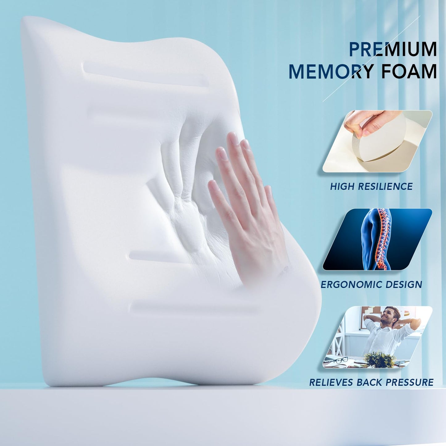 Lumbar Support Pillow for Office Chair & Car, Ergonomic Back Support Memory Foam Back Cushion with 3D Washable Cover, Relieves Back Pain for Driving, Gaming, Truck, Recliner