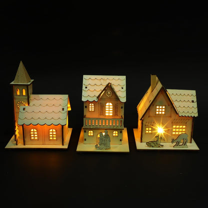 Rustic Christmas Village Houses by [Brand Name] - LED Light Wooden Decor for Holiday Centerpieces | 3 Pcs Set