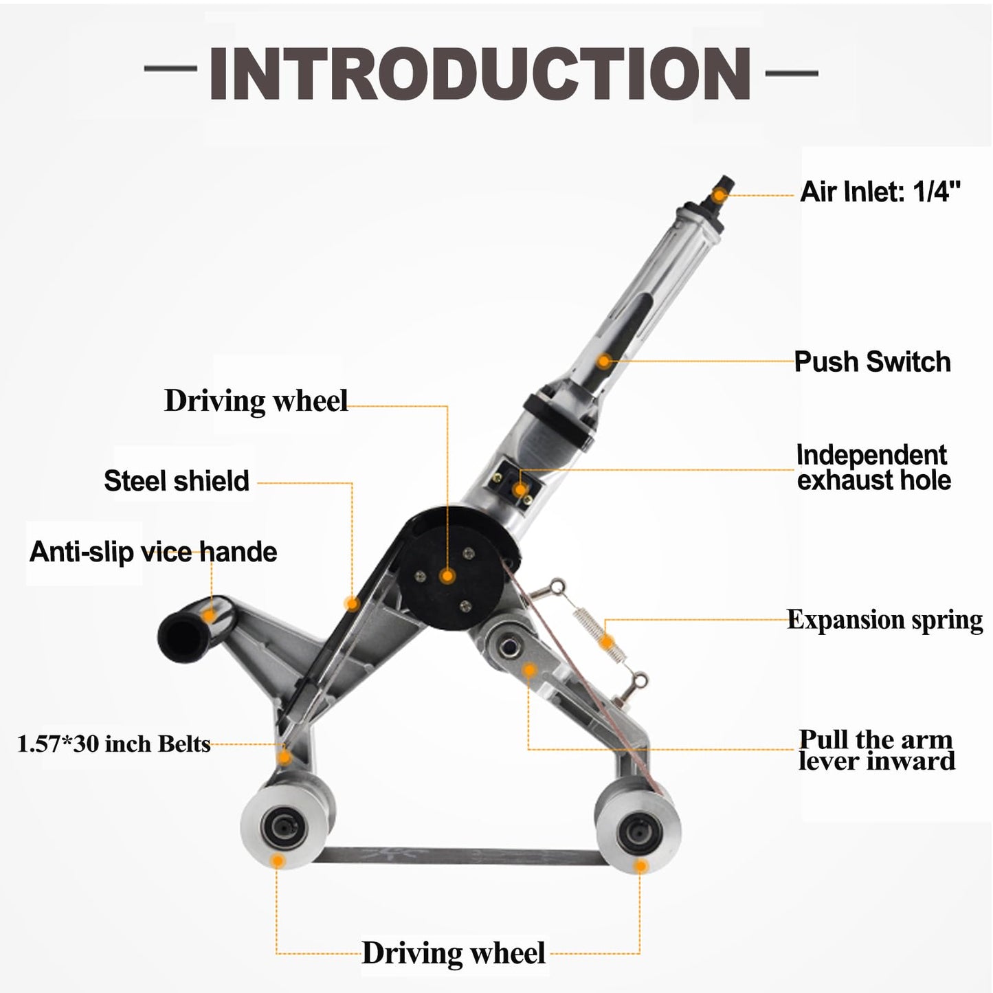Professional Round Tubing Pipe Sander, Metal Air Pipeline Polishing Machine, Pneumatic Steel Pipe Grinder, Variable Speeds with 8PCS Sanding Belts for Burnishing Finishing Rust Removal