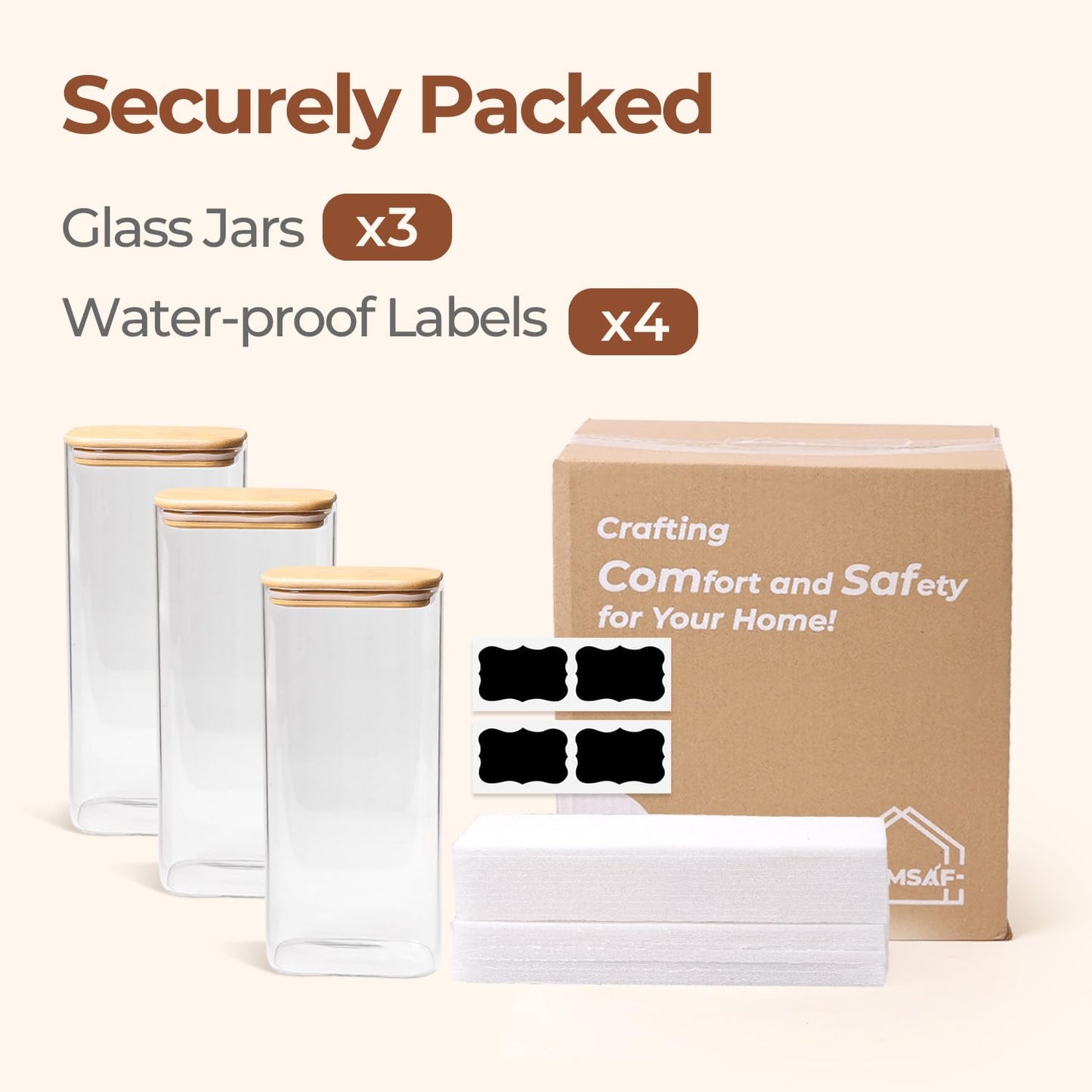Comsaf Spice Jars with Label，8 oz Small Glass Jars with Lids, 6 Pcs Seasoning Containers, Rectangle Glass Containers with Lids, Empty Seasoning Jars for Pantry Storage, Loose Tea, Herbs, Powders, Salt