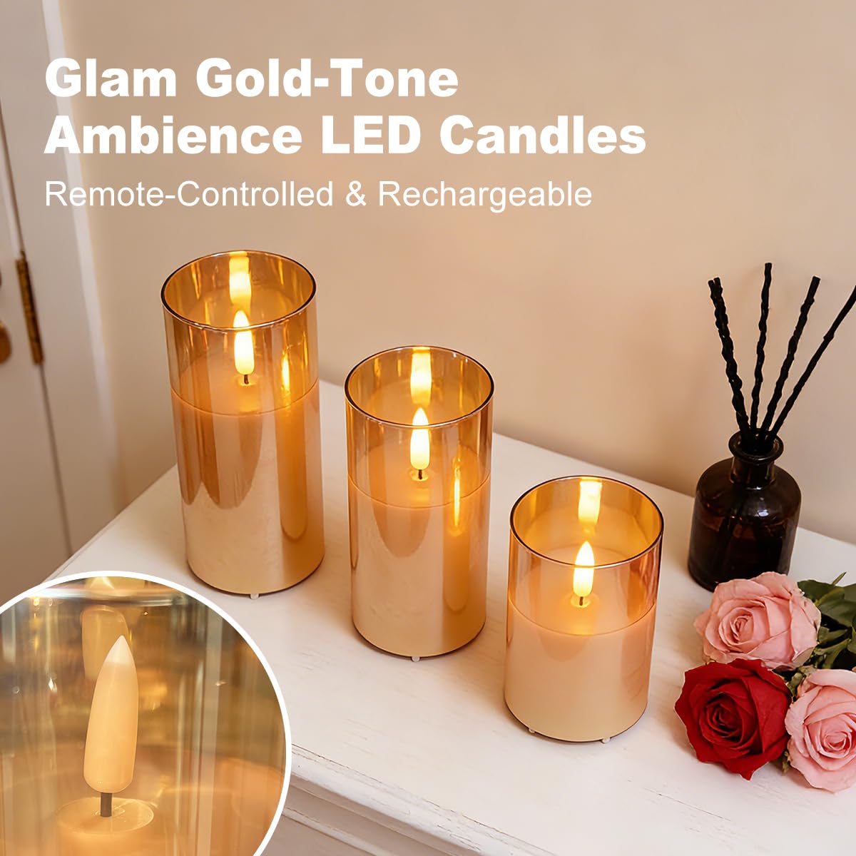 NICE POINT Rechargeable Flameless LED Gold Glass Candles–Luminous Real Wax Indoor Home Decor–Set of 3, Realistic Flickering LED Flame,Remote & Timer,Ideal for Living Room, Bedroom & Festival Décor