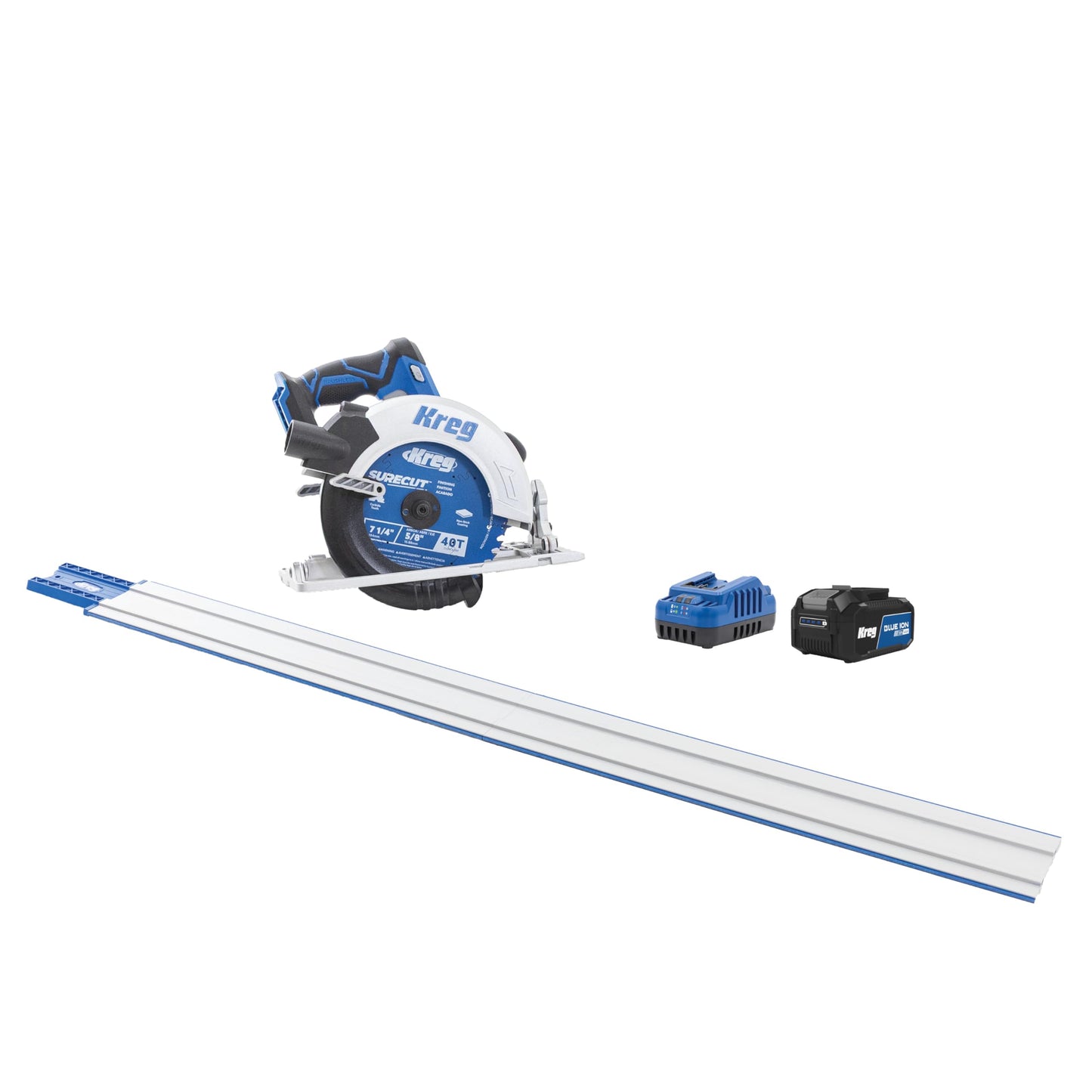 Kreg Accu-Cut + Ionic Drive 7-1/4" Circular Saw Project Kit - Cordless Guided Cutting System with Brushless Motor, Guide Track, 40-Tooth Blade, Battery & Charger - KPTCS7252700B
