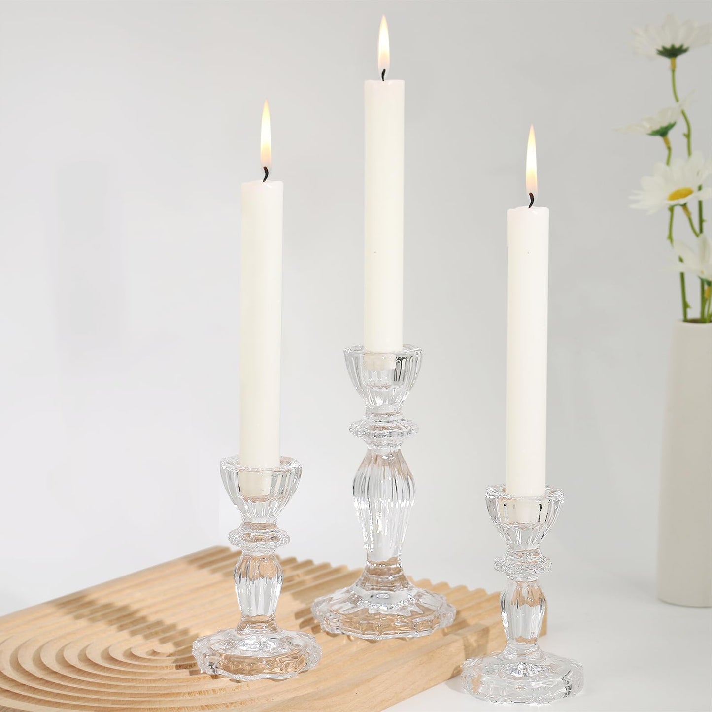 CHOCSTAY Glass Candlestick Holders Set of 6, Clear Stripe Taper Candle Holders for Table Centerpiece, Home Decorations, Wedding and Party