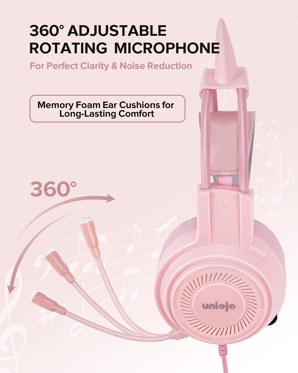 UNIOJO Upgraded Pink Gaming Headset for PS4, PS5, Xbox One, PC, Switch, Laptop, Mobile – Cat Ears, Noise-Canceling Mic, 7.1 Surround Sound, LED Light, Soft Memory Earmuffs for Ultimate Comfort