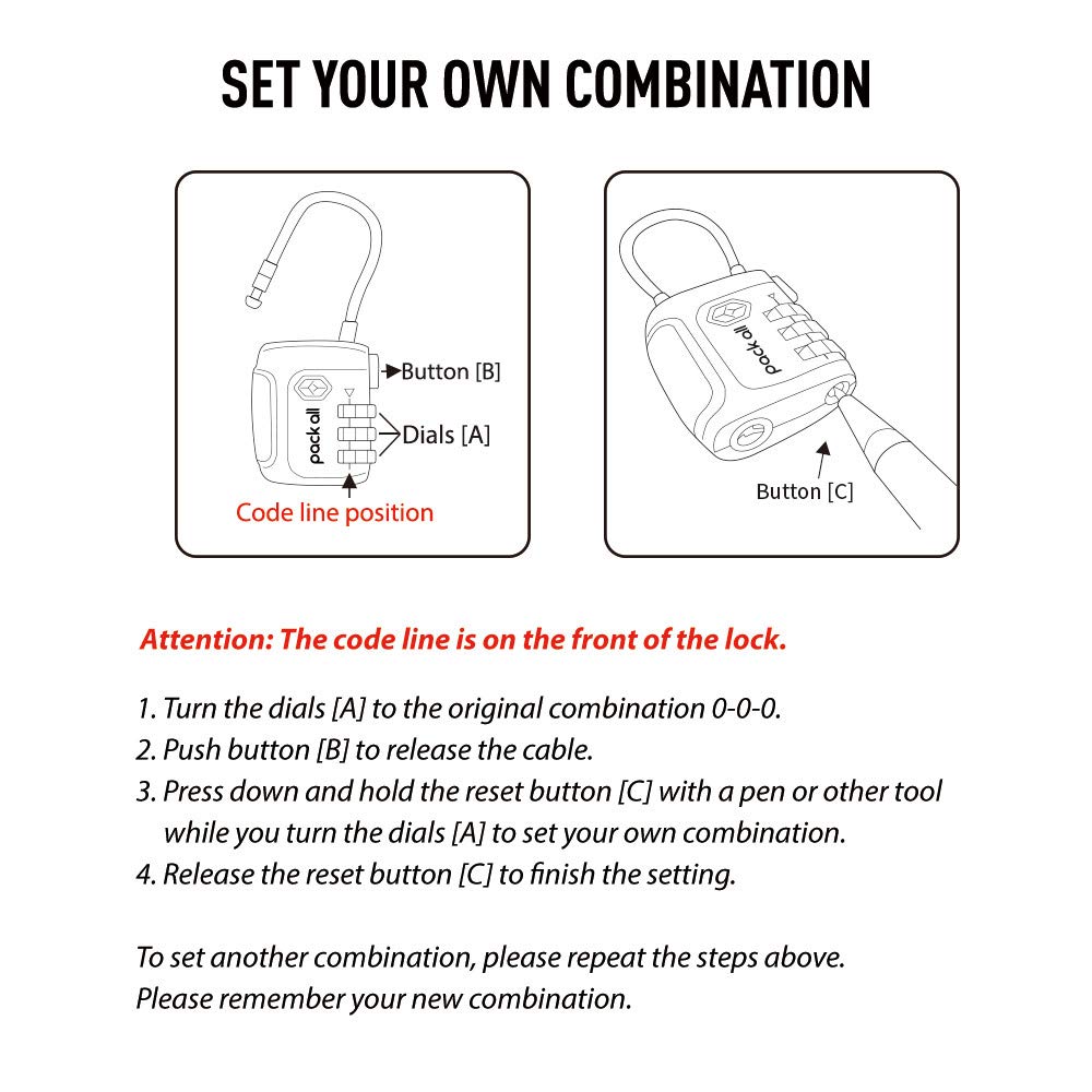 pack all TSA Approved Cable Luggage Locks, 3 Digit Combination Padlocks, Travel Lock for Suitcases & Bag, Alloy Body, Travel Accessories (4 Pack)