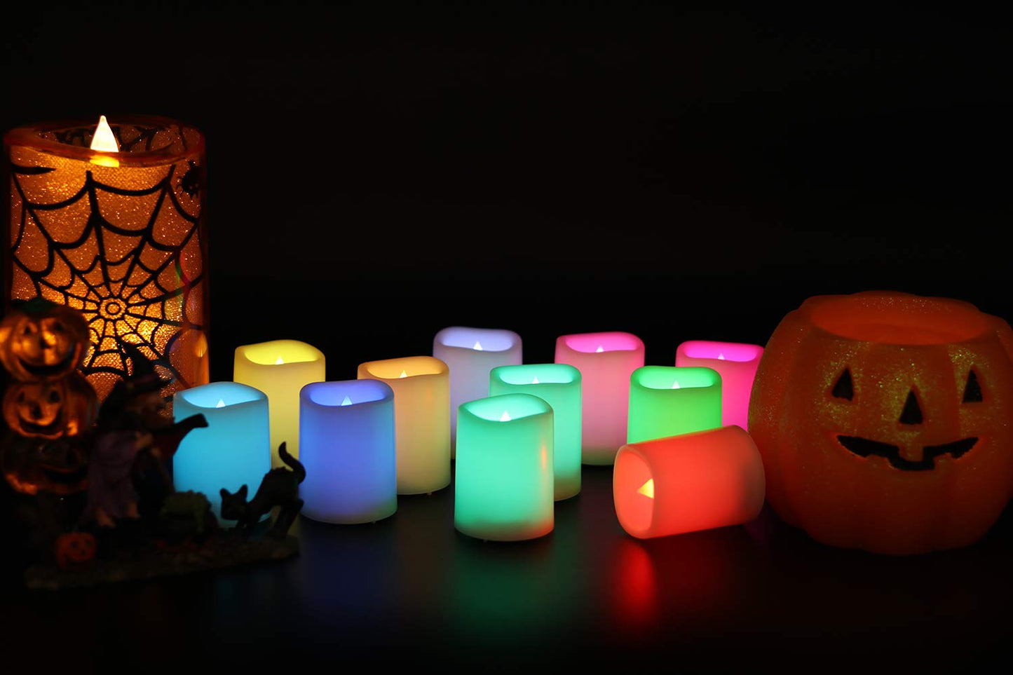DRomance Color Changing Flameless Votive Candles with Remote and Timer, Battery Operated White LED Flickering 12 Pack Halloween Christmas Decor (1.5 x 2 Inches)