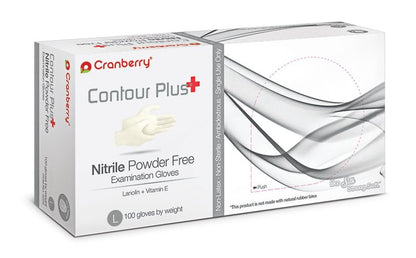 Cranberry USA Cranberry Contour Plus White Nitrile Exam Gloves, Case of 1000, Large, Lanolin & Vitamin E, 3.0 Mil