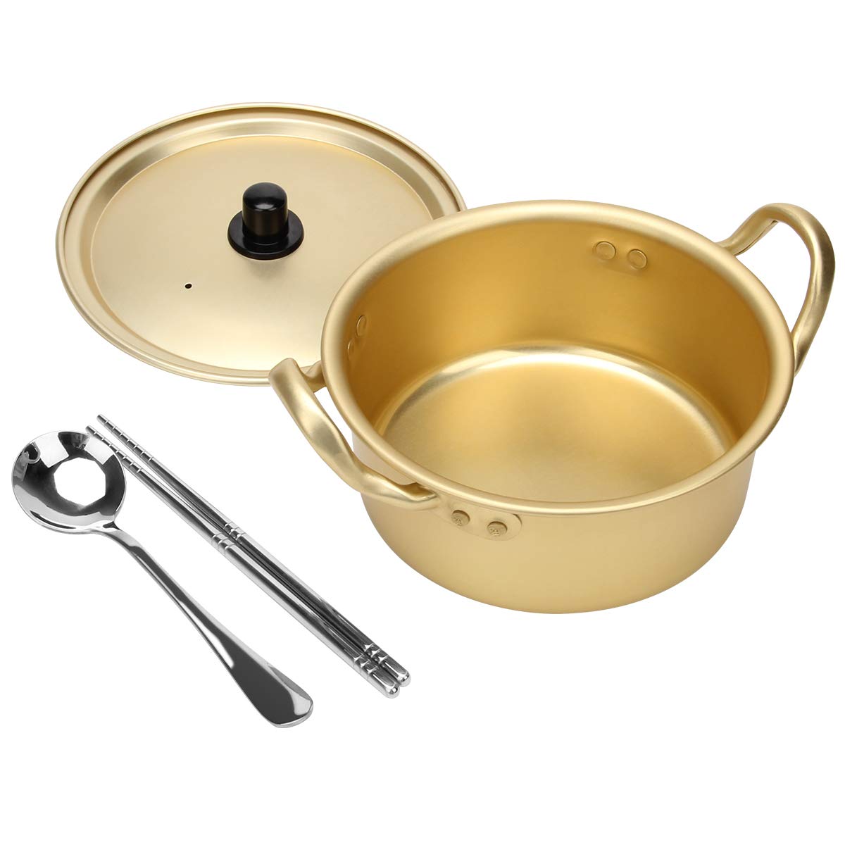 Korean Ramen Cooking Pot, AHIER Korean Ramen Noodle Pot With Lid, Spoon and Chopsticks (1pair), Fast Heating for Kitchen Cookware (Double handle) (6.3in)