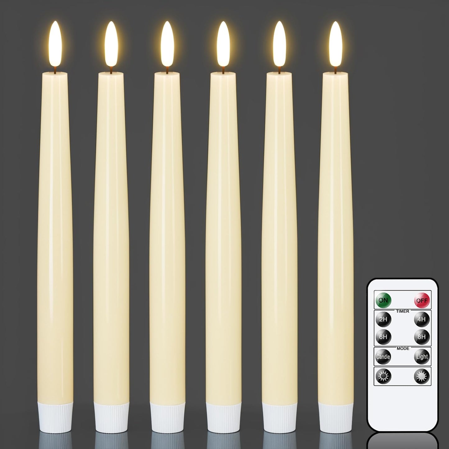 GenSwin Flameless Taper Candles with Remote, Ivory LED Taper Candles Battery Operated, Real Wax Flameless Candlesticks with 3D Wick for Home Halloween Christmas Decor(Set of 6, 0.78” x 9.84”)