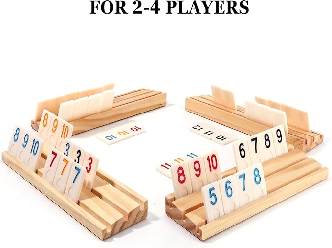 Upgraded 2-4 Players Rummy Cube Board Game Set with 4 Wooden Racks 106 Tiles Portable Case Drawstring Bag and Dice for Adults Friends Night Gifts Travel Party Sharpens Brain
