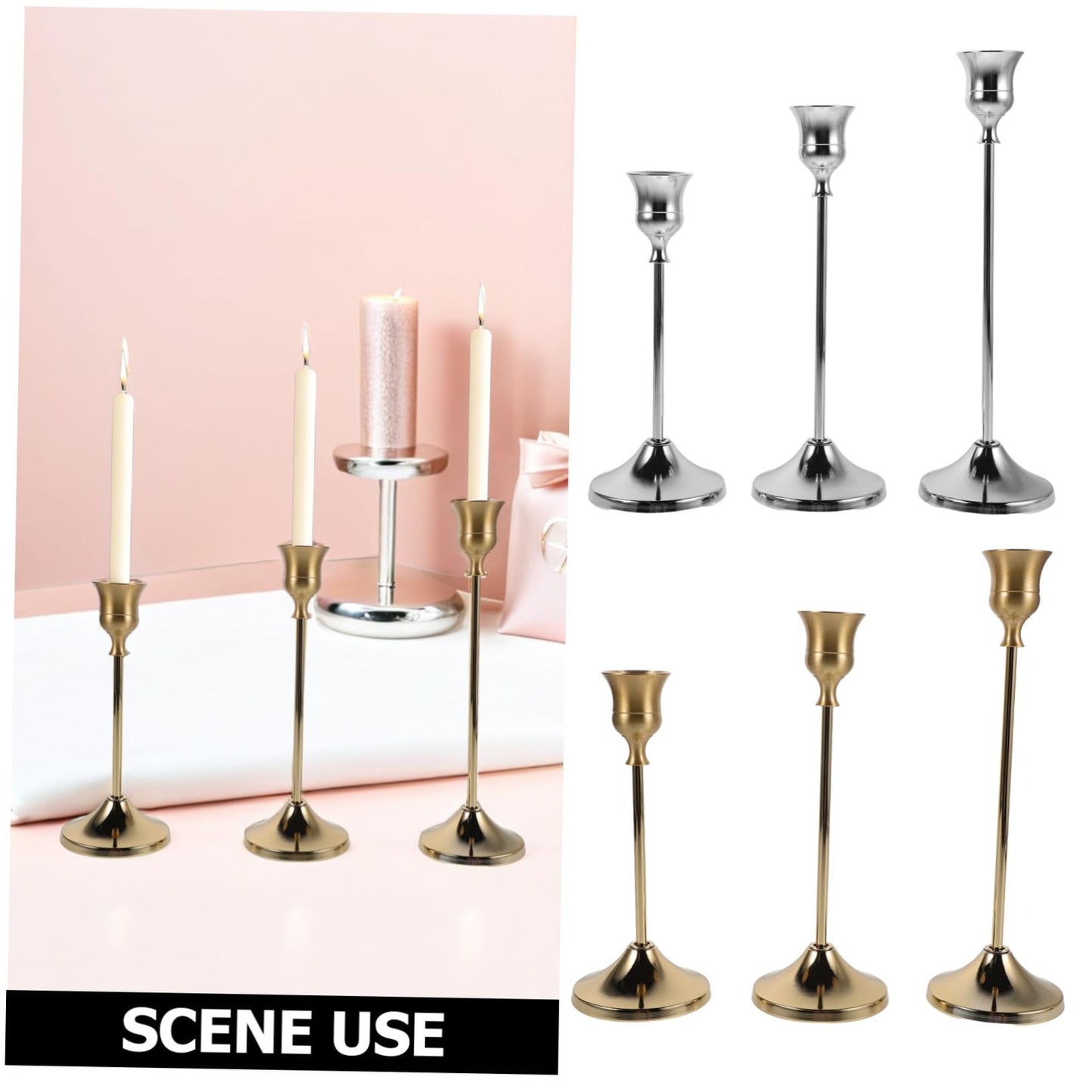 HOMSFOU 6pcs Metal Taper Candle Holders Set with Stable Display and Suitable Lighting Height, Elegant European Craftsmanship Candelabra Candlestick Holders for Wedding Centerpieces