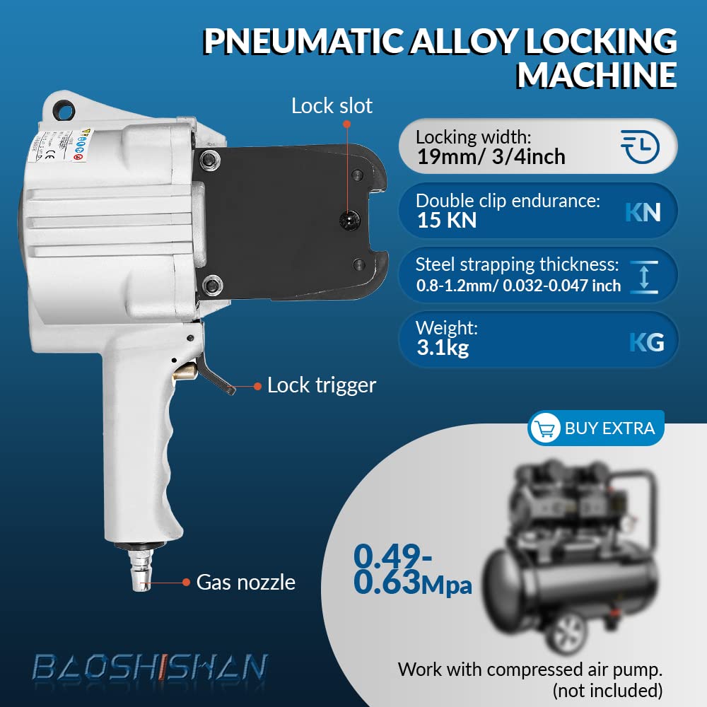 BAOSHISHAN Metal Strapping Tool Steel Strapping Tensioner and Cutter Sealer Pneumatic Heavy Duty Baler for 3/4'' Width Strapping High Tensile Portable Packaging Machine (19mm)