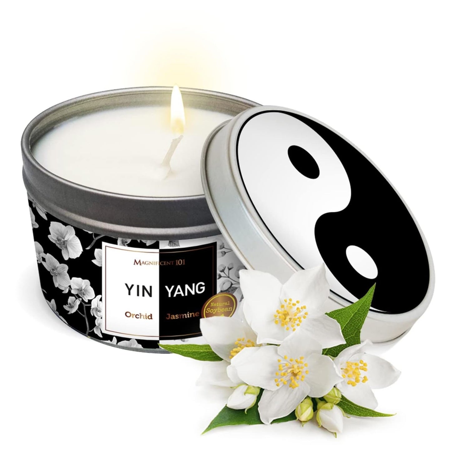 MAGNIFICENT 101 Yin Yang Smudge Candle - 6-Oz Soy Wax Tin - 35-Hr Burn Time & Orchid & Jasmine Scent - Energy Cleansing & Chakra Healing - Gift for Women