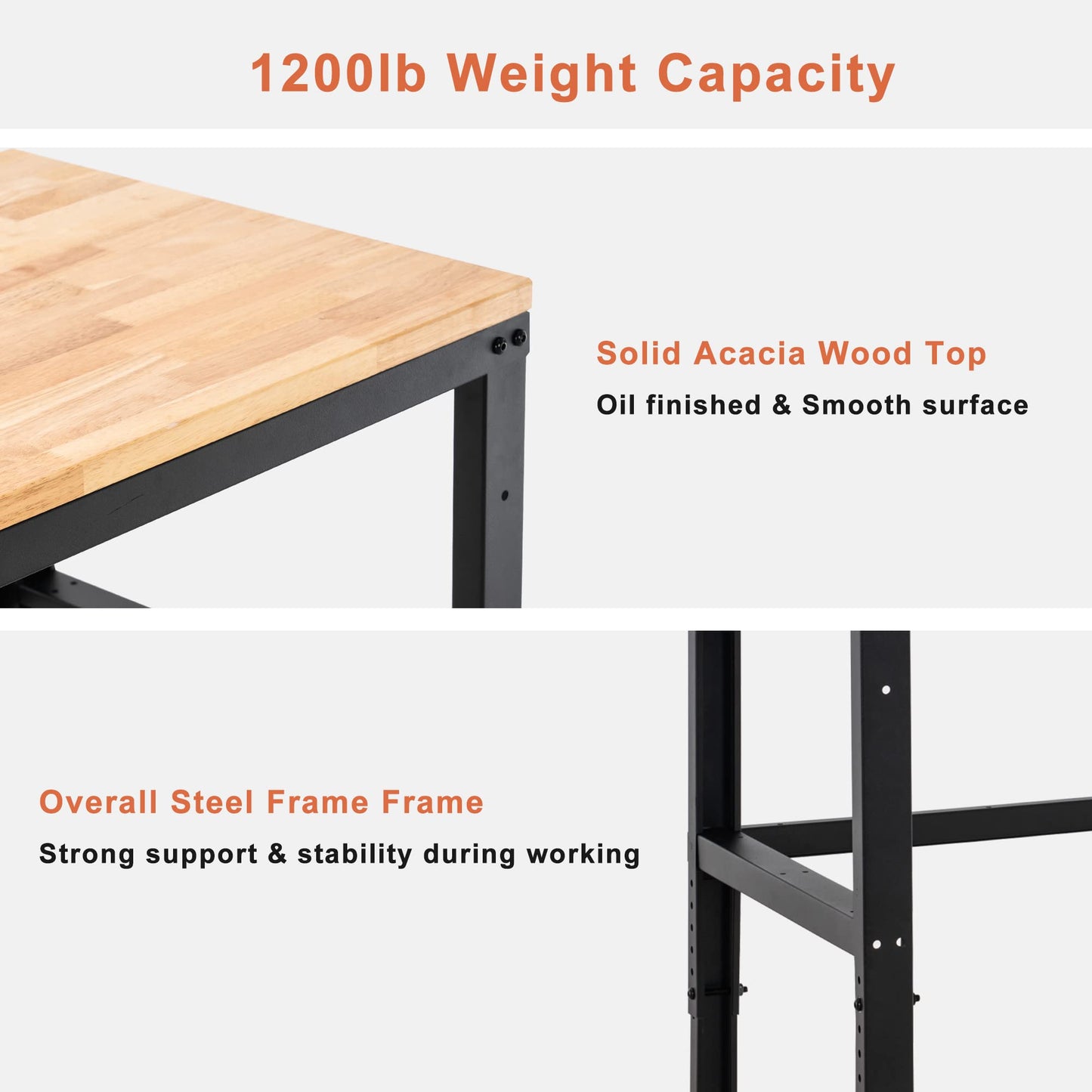 MCombo 48" Adjustable Workbench with Oak Wood Top, Overall Steel Frame Worktable for Garage, Workstation for Workshop and Home Improvement WD48