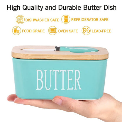 Lxmons Ceramic Butter Dish with Wooden Lid, Large Butters Container Keeper Storage with Stainless Steel Knife Spreader, Bamboo Cover and Silicone Sealing Ring for West East Coast, Aqua