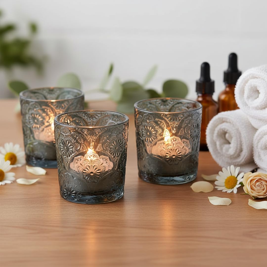 6 Pack Mandala Embossed Glass Candle Holders – Votive Tealight Holders with Patent Design, Decorative Embossed Glass Cups for Wedding Centerpieces, Parties, and Home Décor (Smoky Quartz)