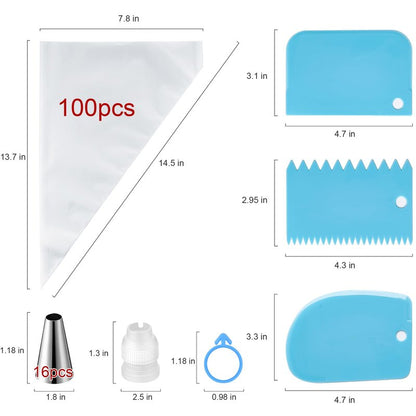 Piping Bags and Tips Set, Cakes Decorating Supplies Kit with 100pcs 12 Inch Pastry Bags, 16 Piping Tips, 3 Cake Scraper, 2 Couplers, 2 Bag Ties, Simple and Convenient Baking Supplies Set
