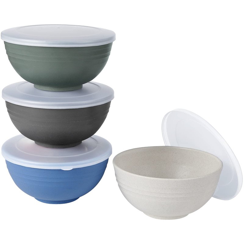 Shopwithgreen Wheat Straw Cereal Bowls with Dust-Proof Lid, Reusable Bowls for Kitchen, Set of 4, Microwave and Dishwasher Safe, for Soup, Oatmeal, Ramen, RV, Camping,College Dorm Room, 26 OZ, Coastal