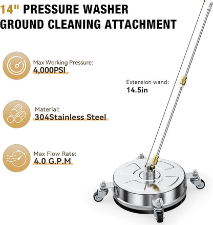 Skiennix 14" Pressure Washer Surface Cleaner - 4000 PSI, Stainless Steel, 4 Wheels, 3 Nozzles & 2 Wands