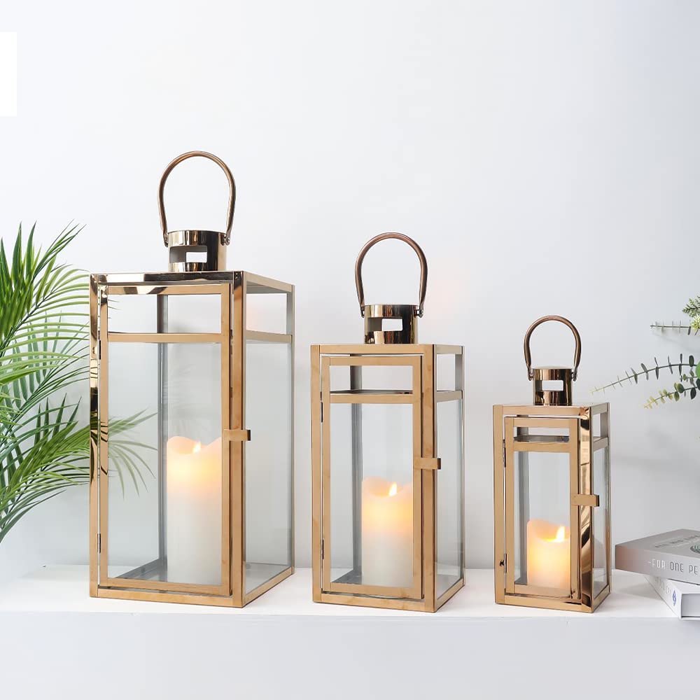 TRIROCKS Set of 3 Stainless Steel Candle Lantern 19'' High Metal Candle Holder with Clear Glass Panels Perfect for Home Decor Living Room Parties Events Tabletop Indoors Outdoors (Rose Gold)