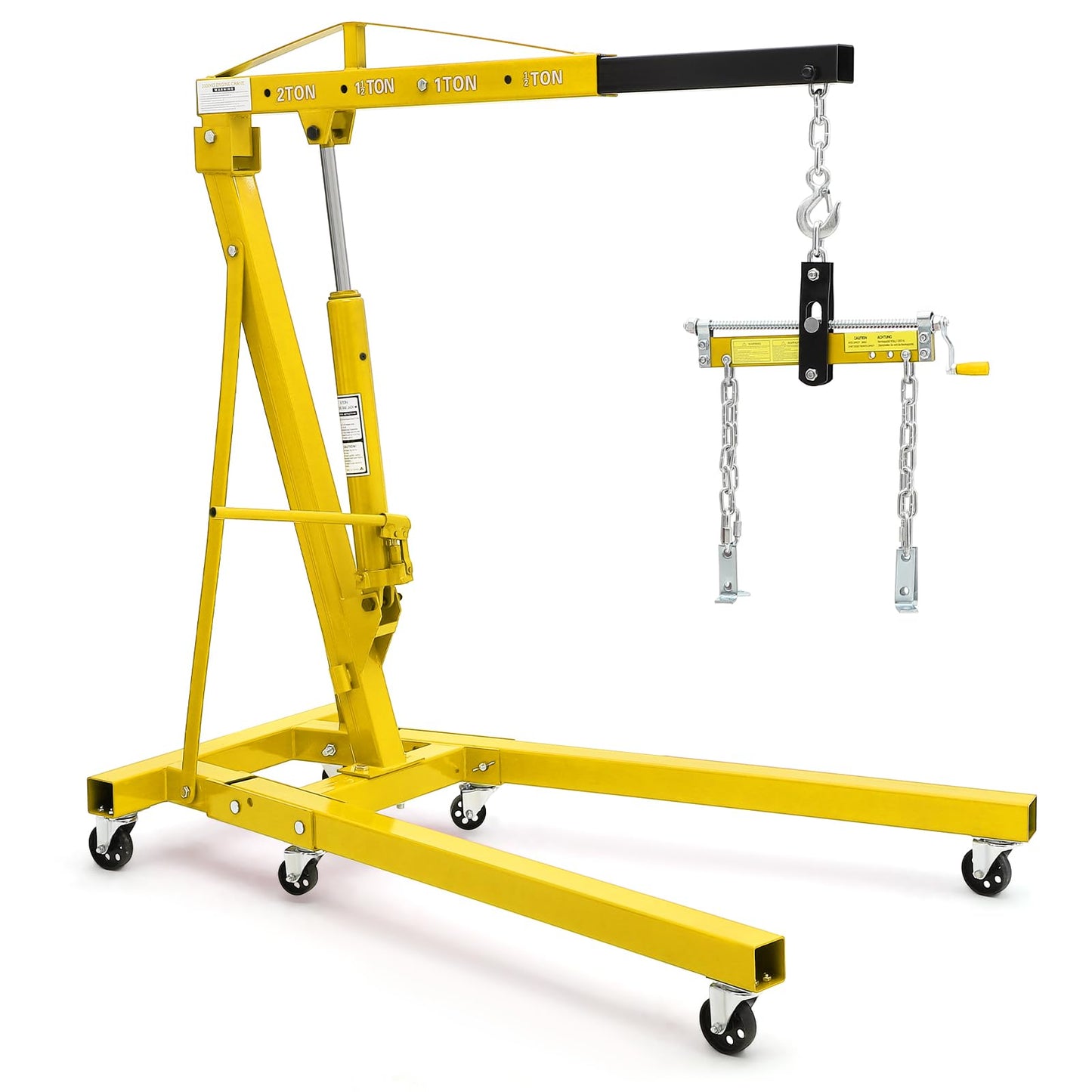 Garvee 2 Ton Folding Hydraulic Engine Hoist with Load Leveler 4400 LBS Capacity Heavy Duty Cherry Picker 6 Swivel Wheels&Hydraulic Pump Adjustable Boom (0.5T-2T) for Garage Workshop Warehouse Yellow
