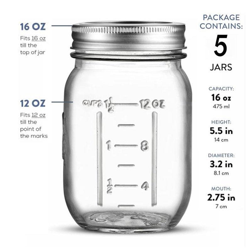 16 oz - 5-Pack Regular Mouth Glass Jars with Lid & Seal Bands - Airtight Container for Pickling, Canning, Candles, Home Decor, Overnight Oats, Fruit Preserves, Jam or Jelly