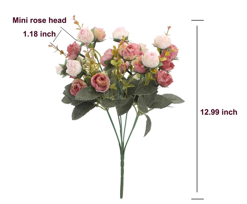 Duovlo 7 Branch 21 Mini Rose Heads Artificial Flowers Bouquet Wedding Home Office Decor,Pack of 2 (2 PCS Pink)
