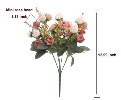 Duovlo 7 Branch 21 Mini Rose Heads Artificial Flowers Bouquet Wedding Home Office Decor,Pack of 2 (2 PCS Pink)