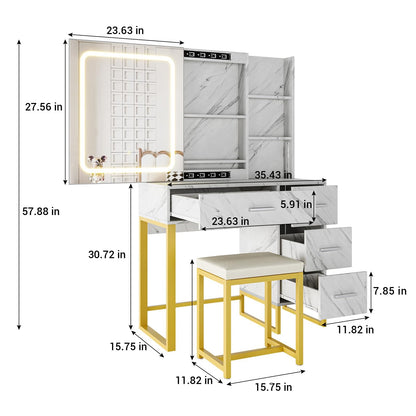 57'' Large Vanity Desk with Mirror & Lights, Makeup Vanity Table with Charging Station, 3 Lighting Modes, Elegant Vanity Set with 4 Drawers and Shelves, Cushioned Stool,Marble White